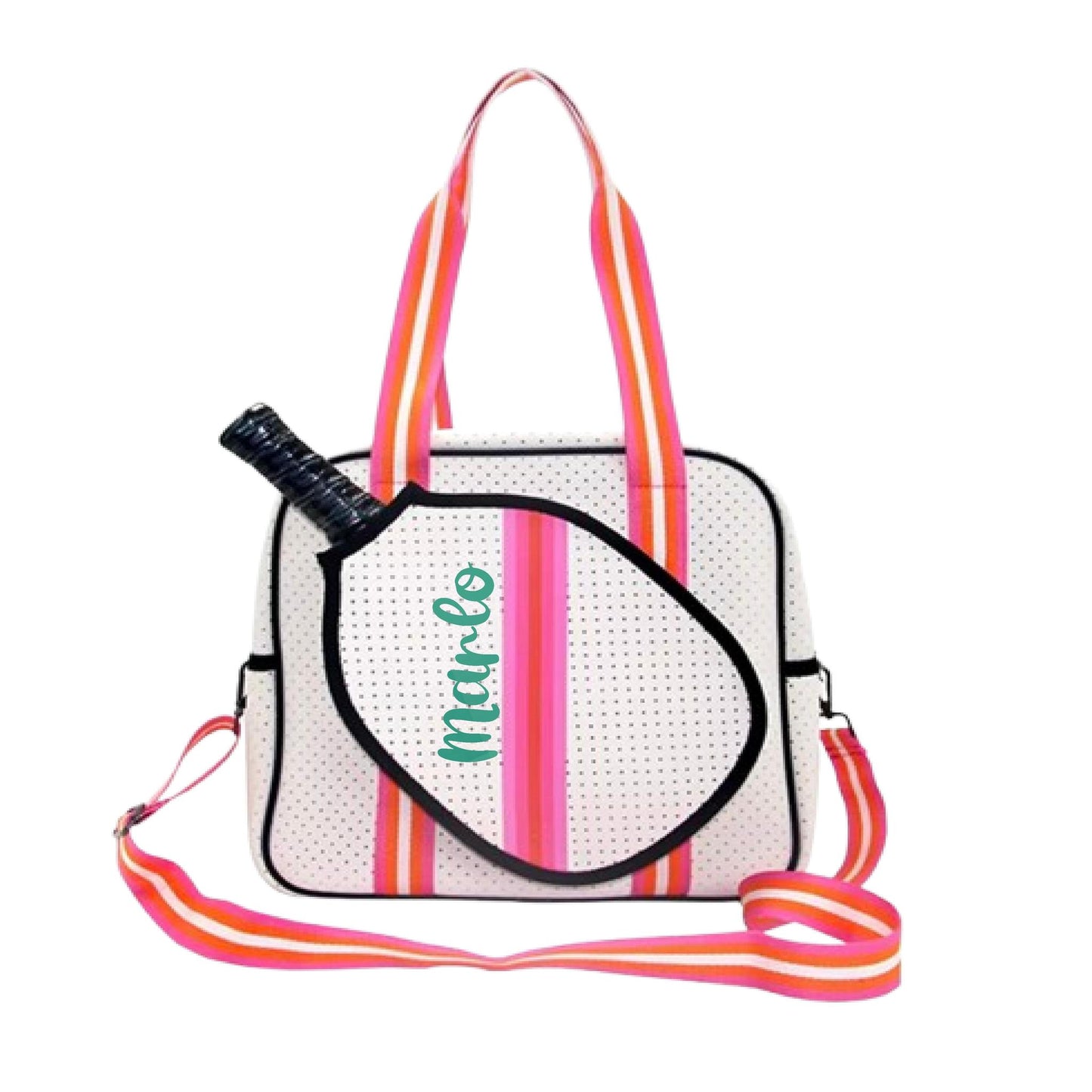 "Posh Perfect" White and Pink Pickleball Bag (Free Personalization) | Pickleball Sports Bag | Medium Size Court Bag