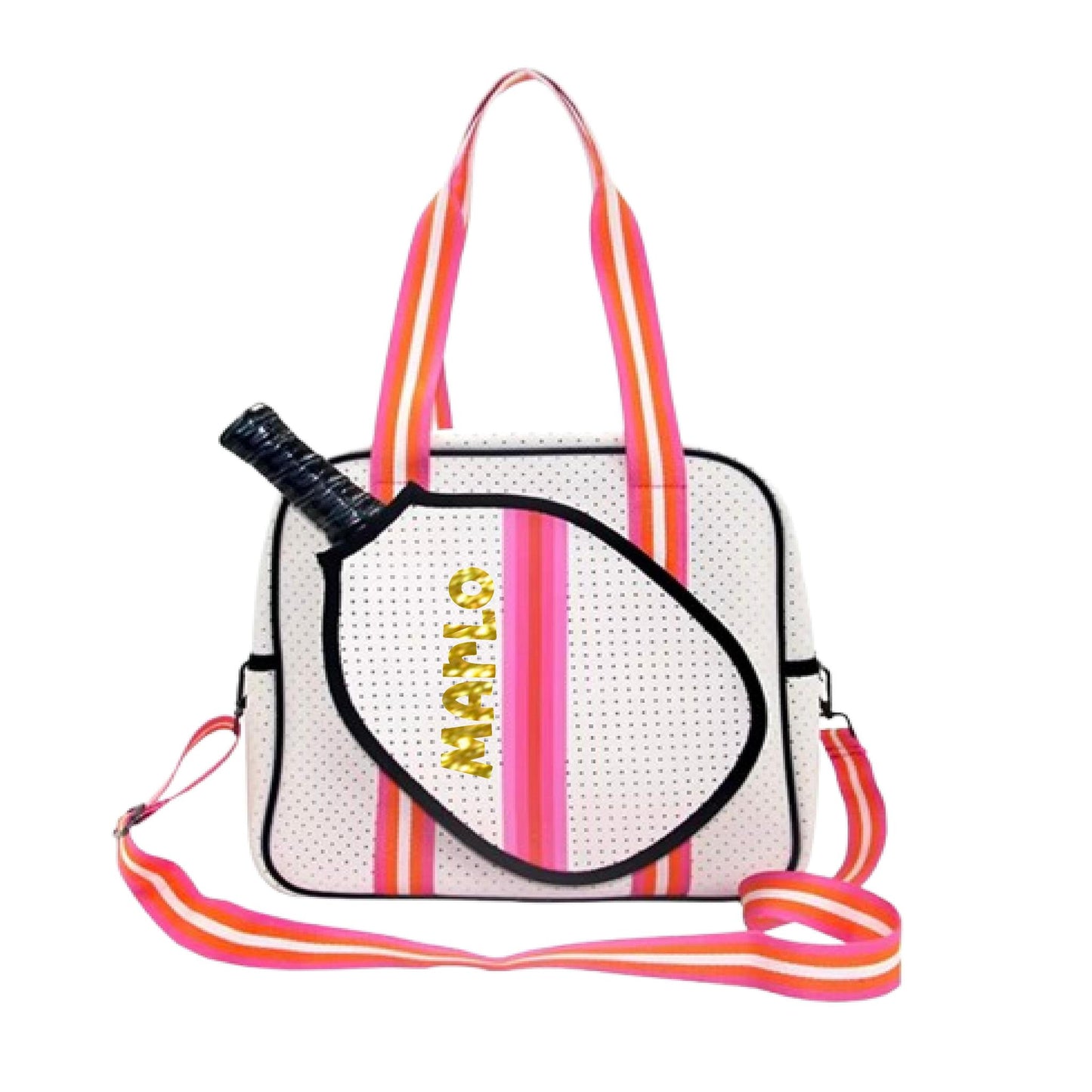 "Posh Perfect" White and Pink Pickleball Bag (Free Personalization) | Pickleball Sports Bag | Medium Size Court Bag
