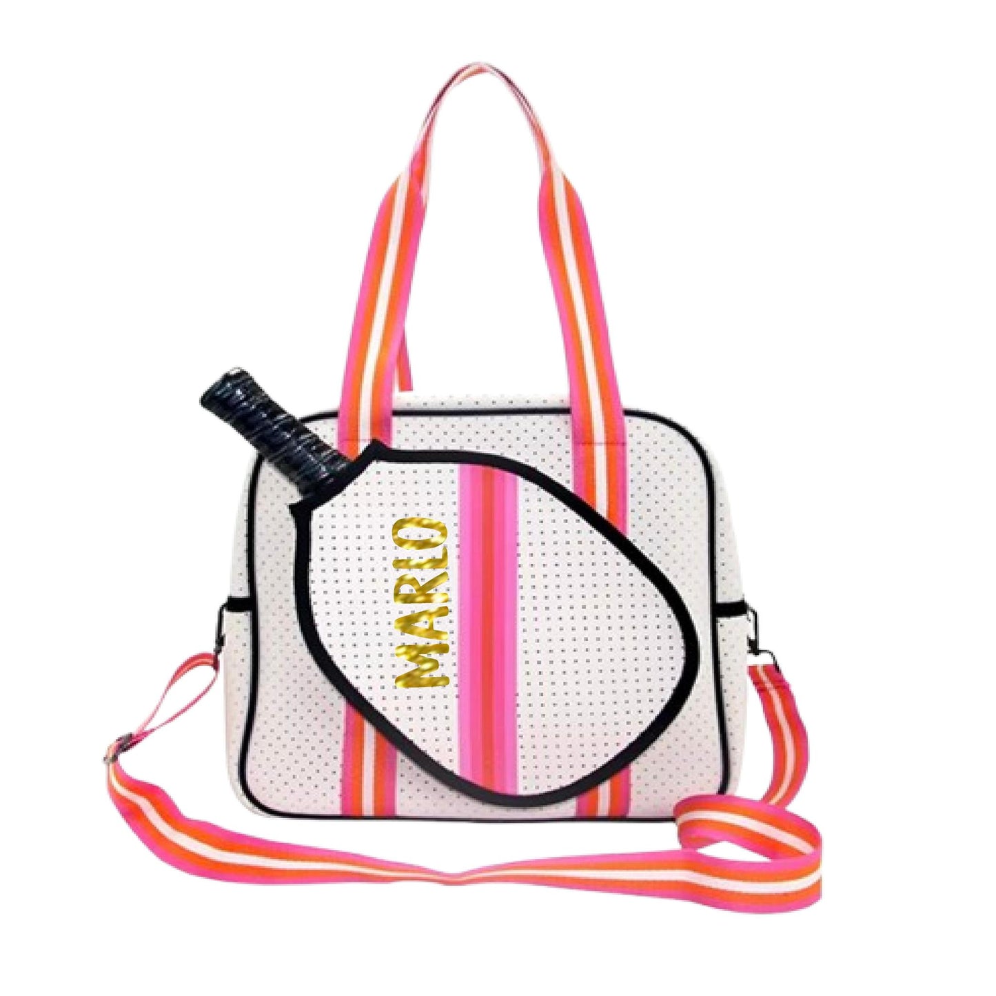 "Posh Perfect" White and Pink Pickleball Bag (Free Personalization) | Pickleball Sports Bag | Medium Size Court Bag