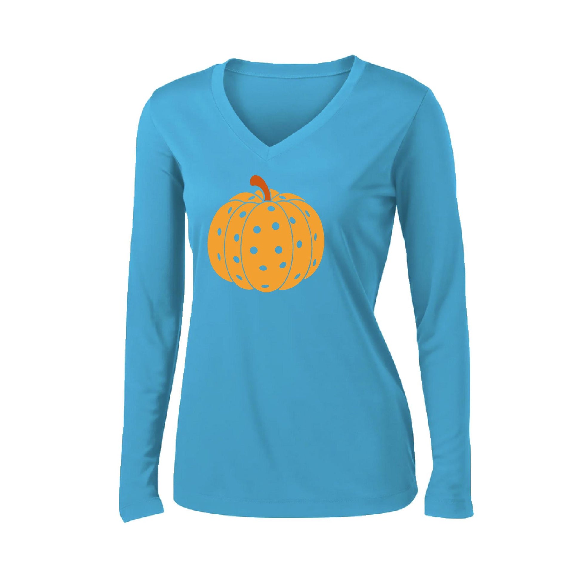 Pumpkin Pickleball | Women’s Long Sleeve V-Neck Pickleball Performance T-Shirt | 100% Polyester