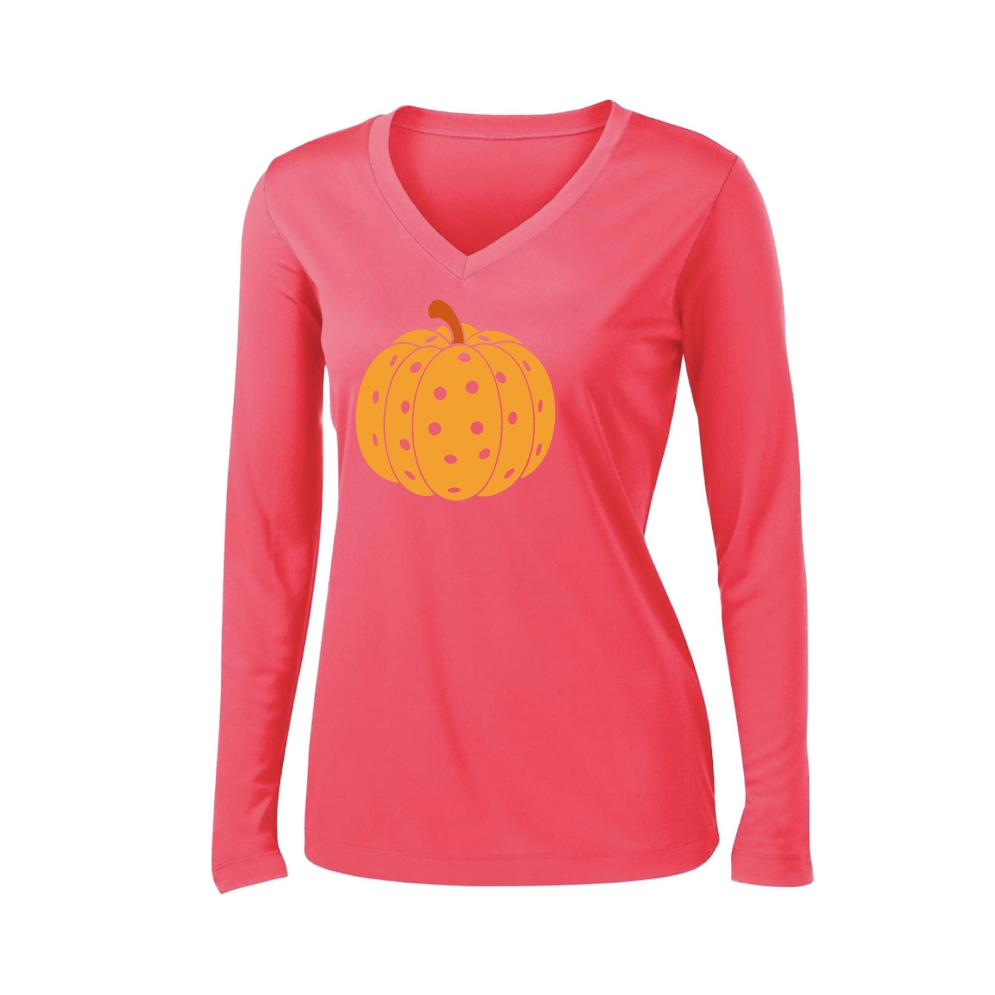 Pumpkin Pickleball | Women’s Long Sleeve V-Neck Pickleball Performance T-Shirt | 100% Polyester