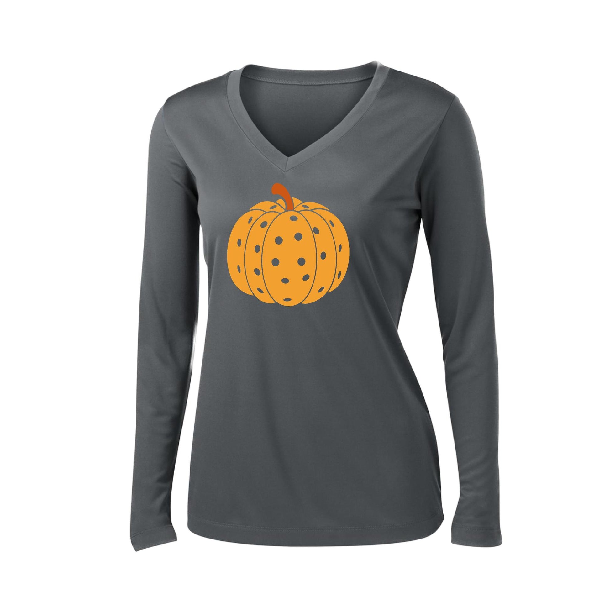 Pumpkin Pickleball | Women’s Long Sleeve V-Neck Pickleball Performance T-Shirt | 100% Polyester