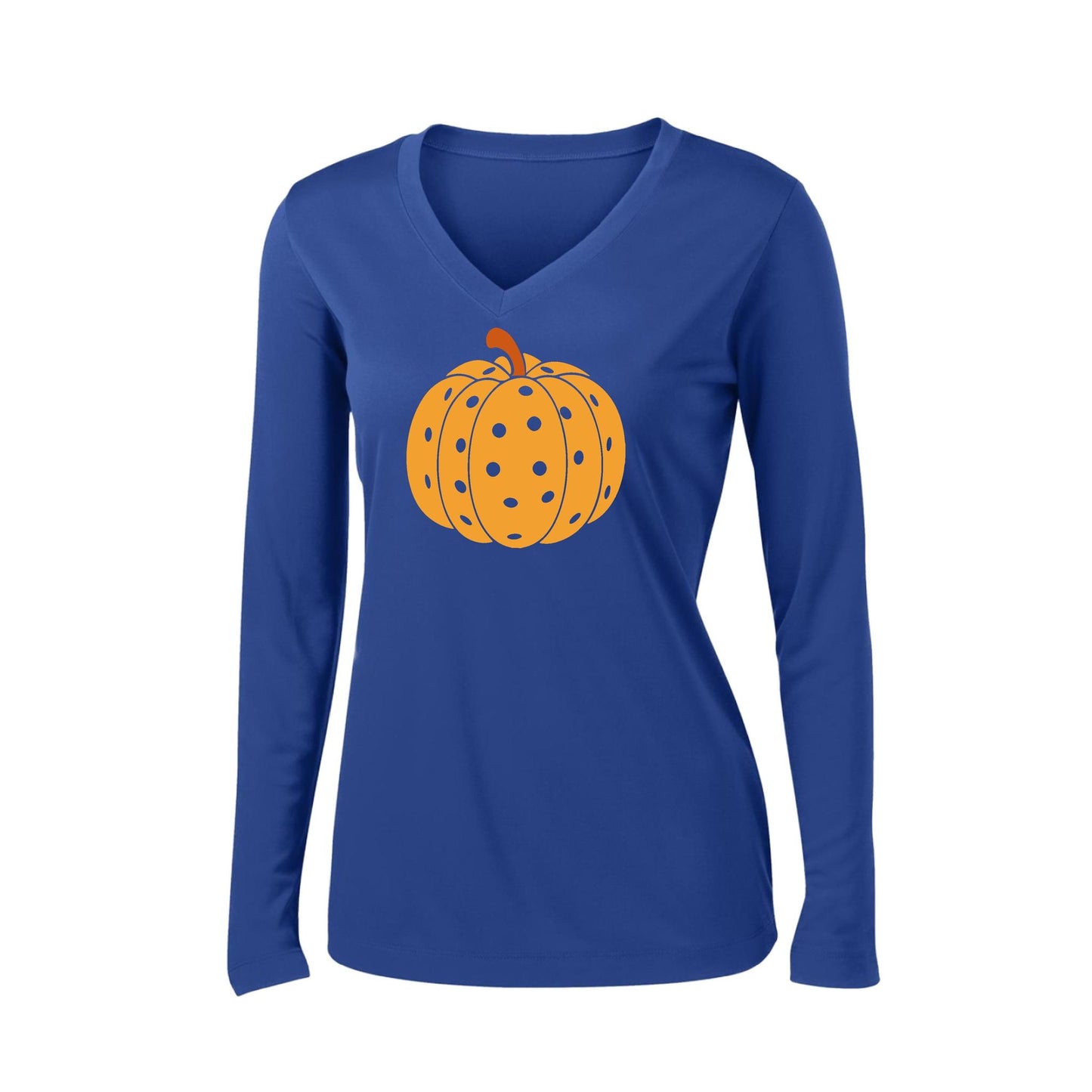 Pumpkin Pickleball | Women’s Long Sleeve V-Neck Pickleball Performance T-Shirt | 100% Polyester
