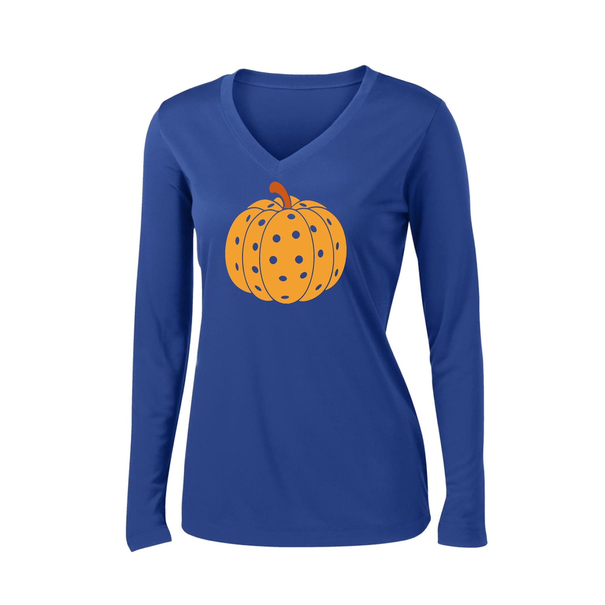 Pumpkin Pickleball | Women’s Long Sleeve V-Neck Pickleball Performance T-Shirt | 100% Polyester
