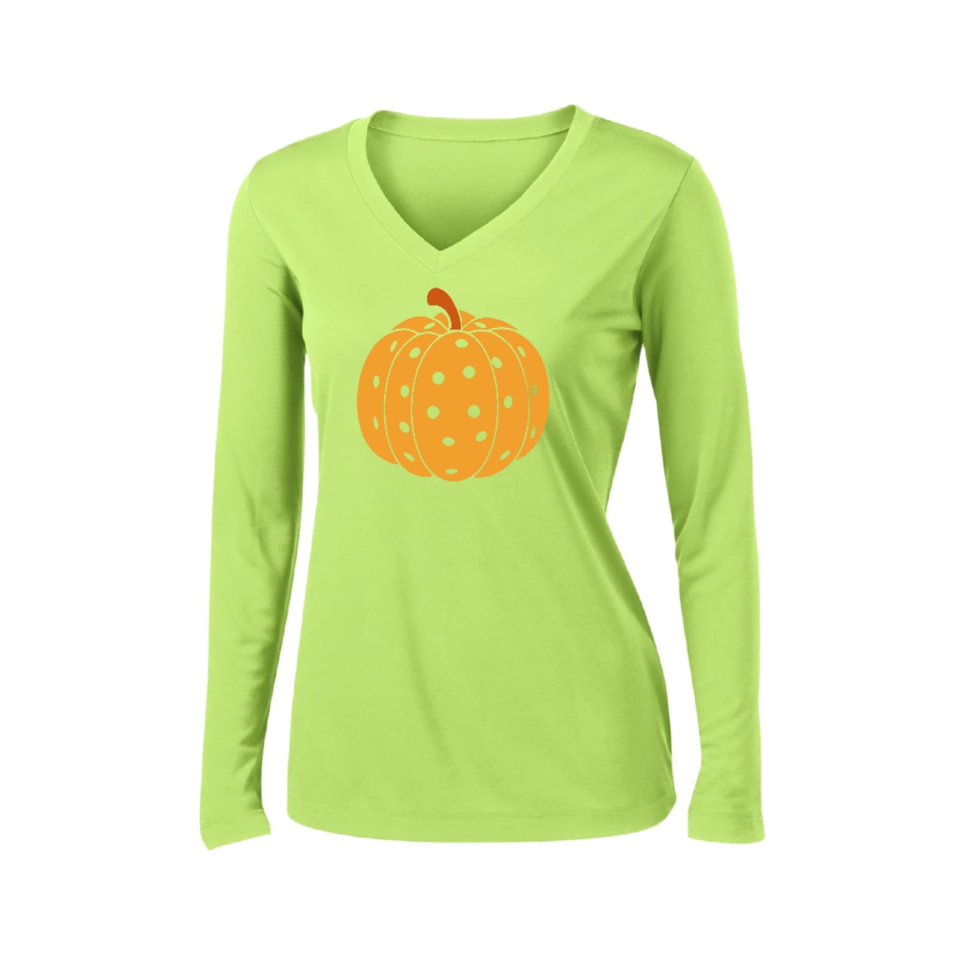 Pumpkin Pickleball | Women’s Long Sleeve V-Neck Pickleball Performance T-Shirt | 100% Polyester