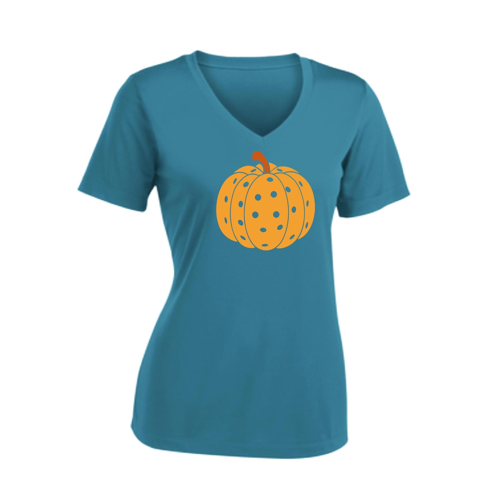 Pumpkin Pickleball | Women's Short Sleeve V-Neck Pickleball Performance T-Shirts | 100% Polyester