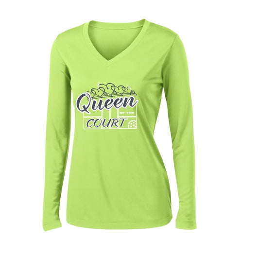 Queen Of The Pickleball Court | Women’s Long Sleeve V-Neck Pickleball Performance T-Shirt | 100% Polyester