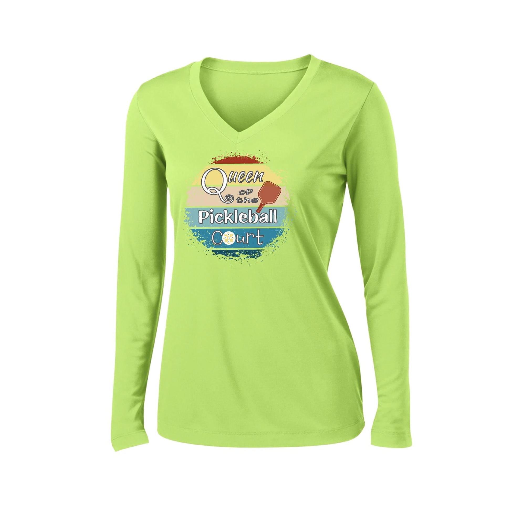 Queen of the Pickleball Court | Women’s Long Sleeve V-Neck Pickleball Performance T-Shirt | 100% Polyester