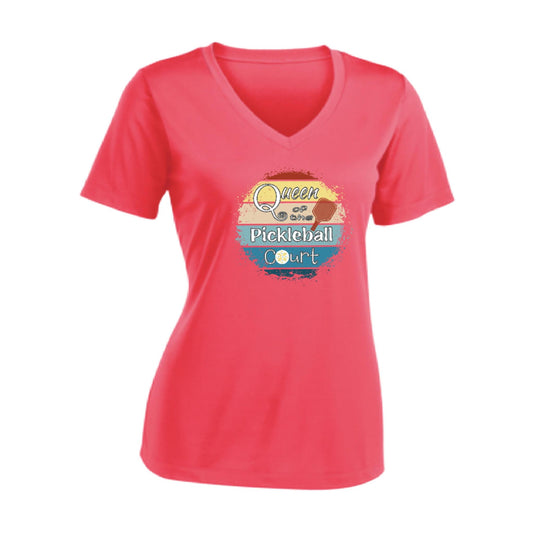 Queen of the Pickleball Court | Women's Short Sleeve V-Neck Pickleball T-Shirts | 100% Polyester