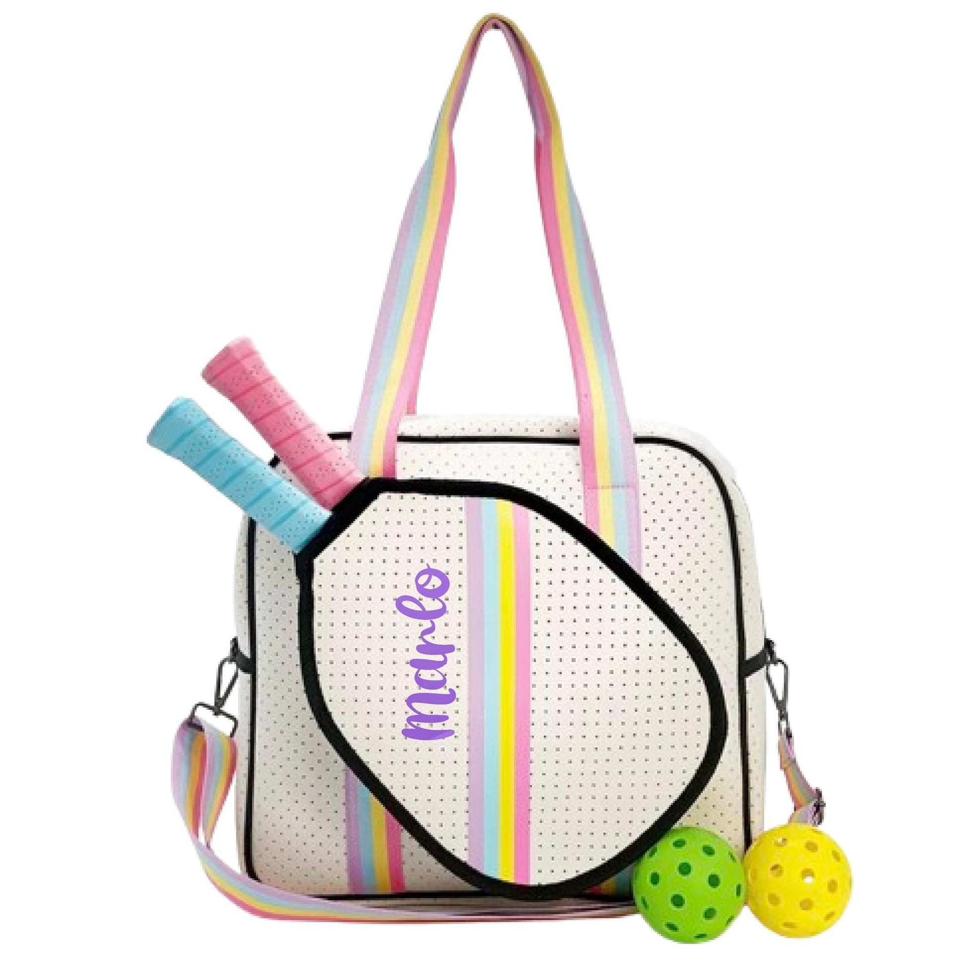 "Rainbow Bliss" White with Pink/Blue/Yellow Trim Pickleball Sports Bag (Free Customization) | Medium Size Court Bag
