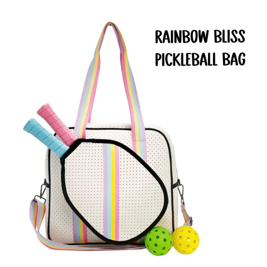 "Rainbow Bliss" White with Pink/Blue/Yellow Trim Pickleball Sports Bag (Free Customization) | Medium Size Court Bag