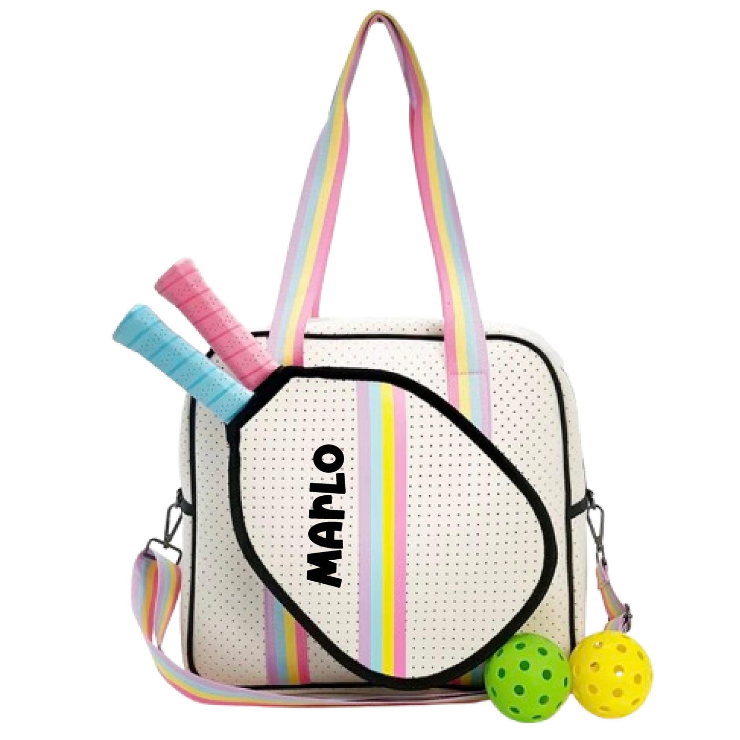 "Rainbow Bliss" White with Pink/Blue/Yellow Trim Pickleball Sports Bag (Free Personalization) | Medium Size Court Bag