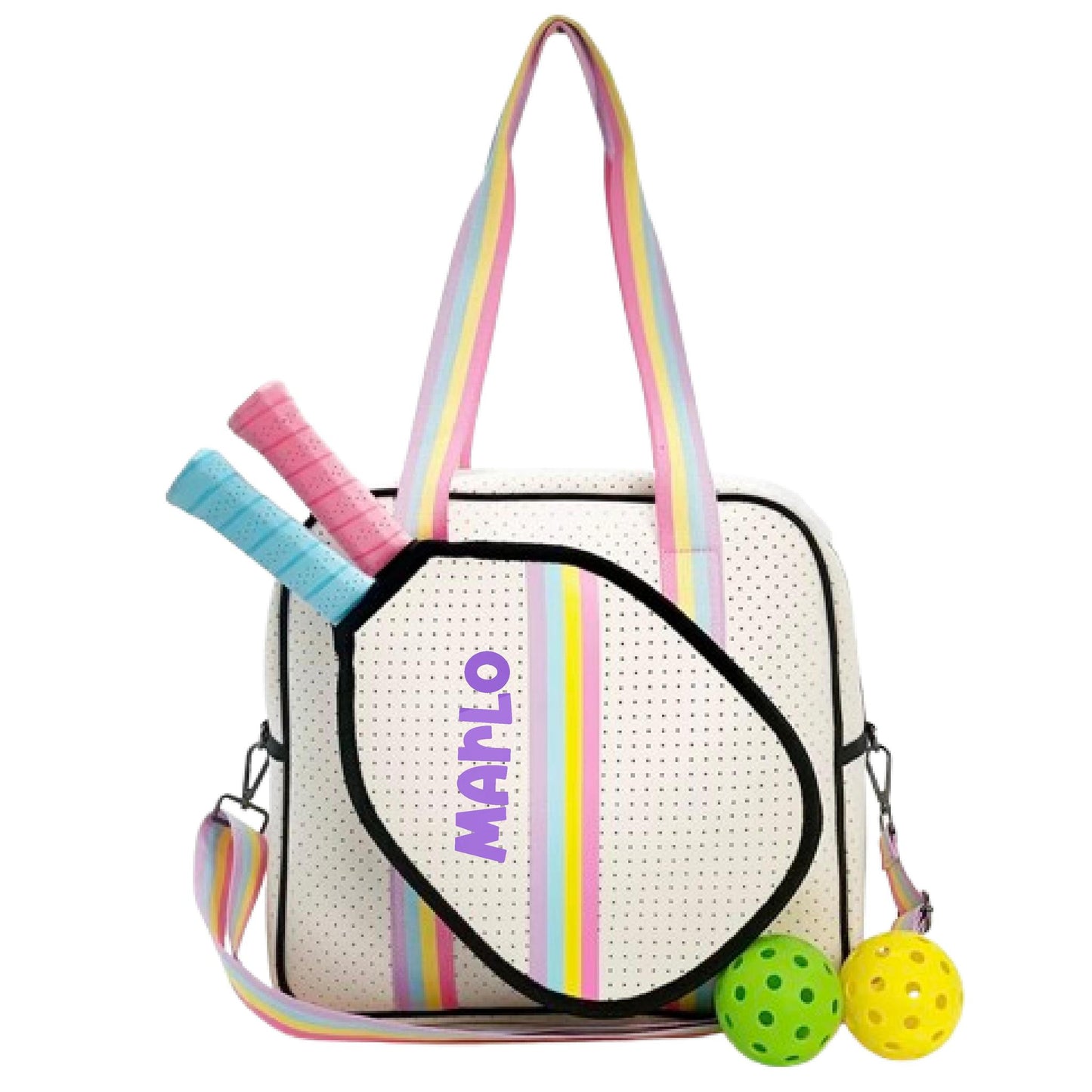 "Rainbow Bliss" White with Pink/Blue/Yellow Trim Pickleball Sports Bag (Free Personalization) | Medium Size Court Bag