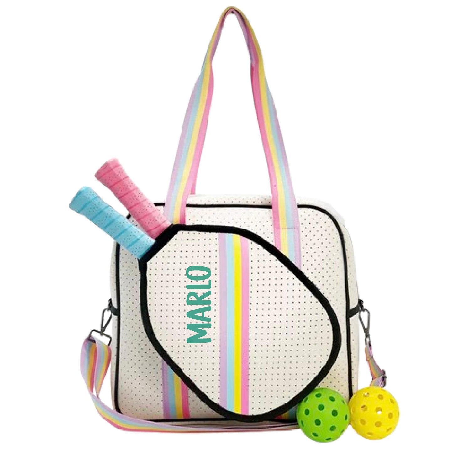 "Rainbow Bliss" White with Pink/Blue/Yellow Trim Pickleball Sports Bag (Free Personalization) | Medium Size Court Bag