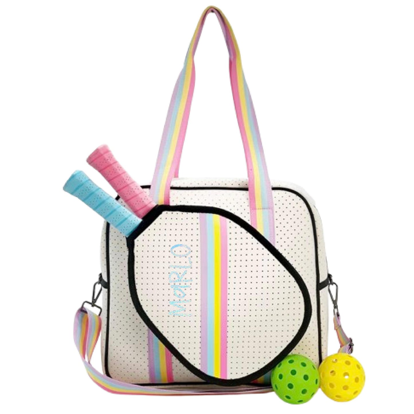 "Rainbow Bliss" White with Pink/Blue/Yellow Trim Pickleball Sports Bag (Free Personalization) | Medium Size Court Bag
