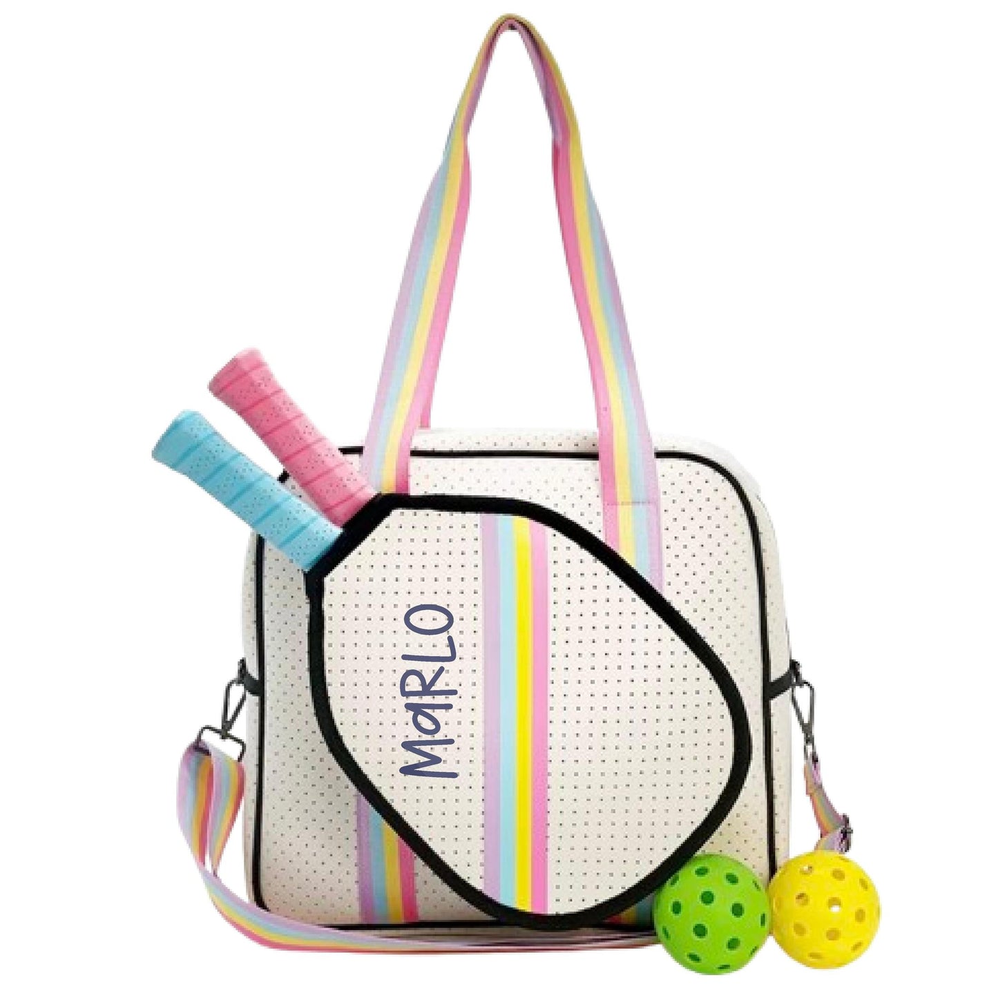 "Rainbow Bliss" White with Pink/Blue/Yellow Trim Pickleball Sports Bag (Free Personalization) | Medium Size Court Bag