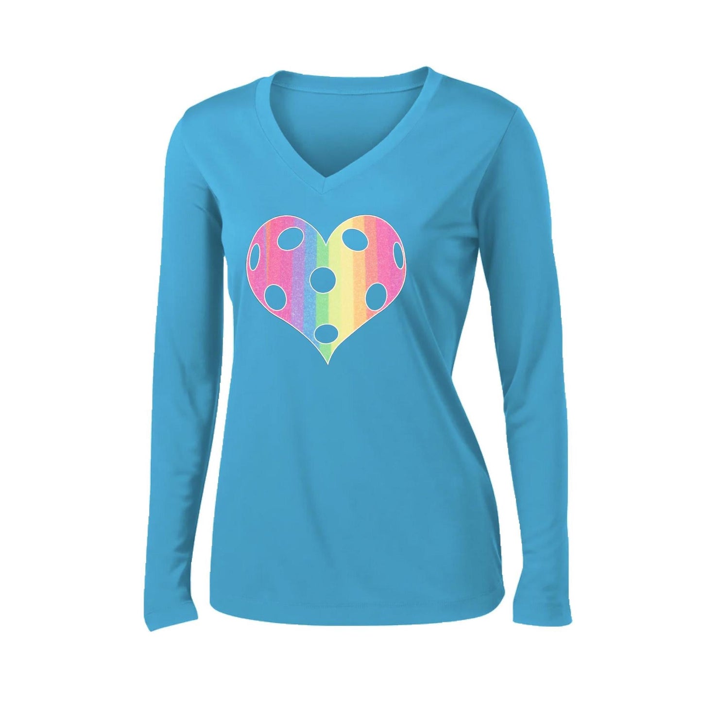 Rainbow Pickleball Heart | Women’s Long Sleeve V-Neck Pickleball Performance T-Shirt | 100% Polyester