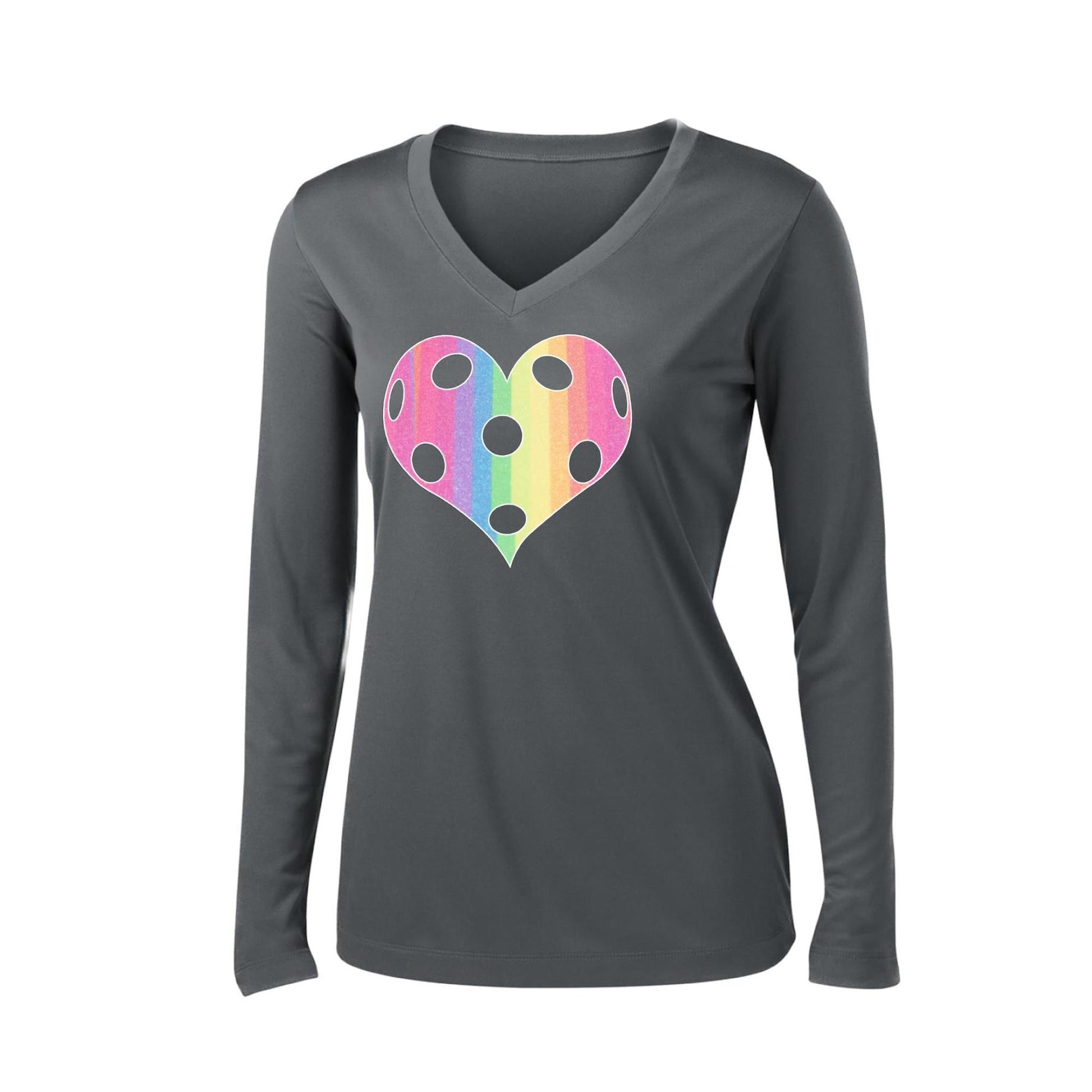 Rainbow Pickleball Heart | Women’s Long Sleeve V-Neck Pickleball Performance T-Shirt | 100% Polyester