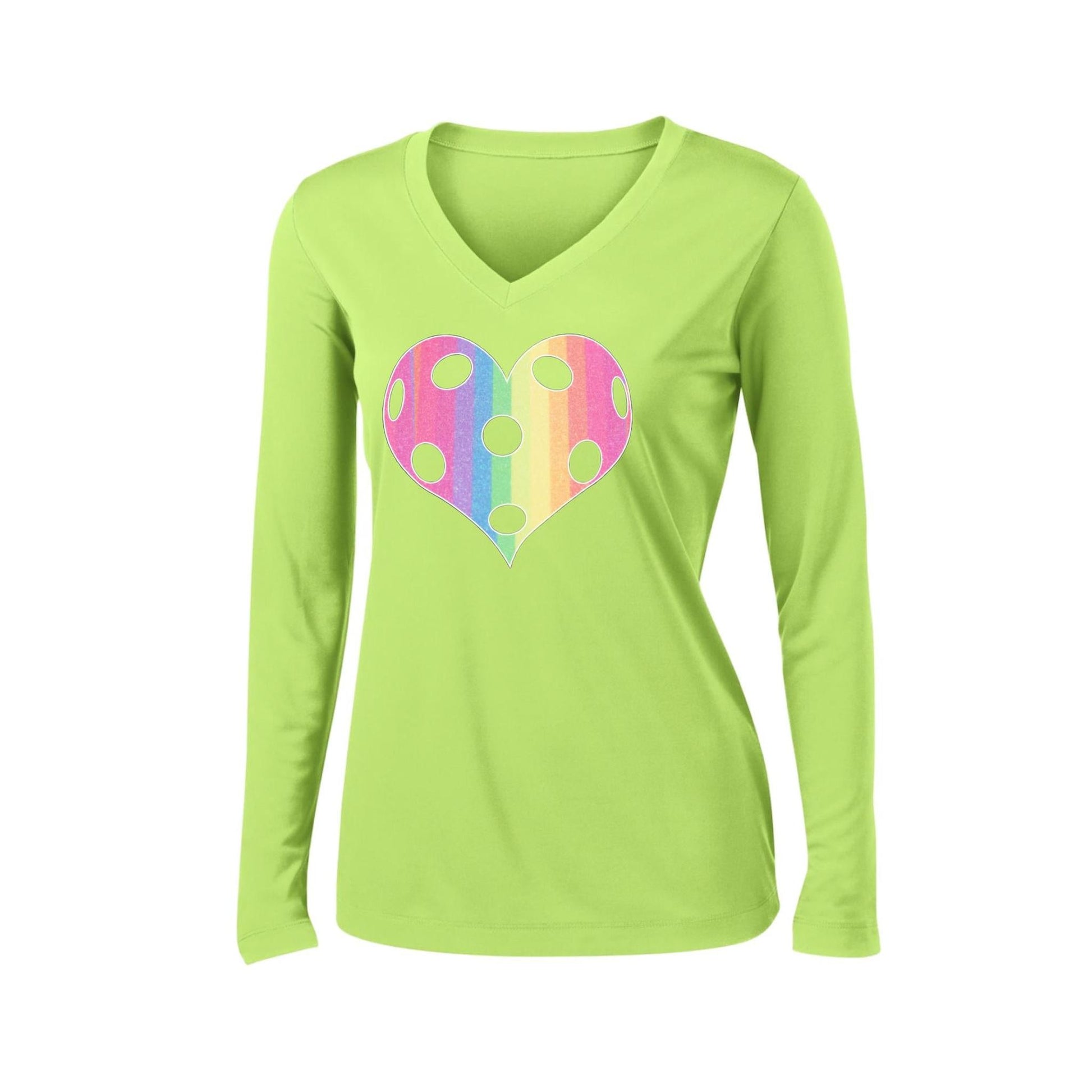 Rainbow Pickleball Heart | Women’s Long Sleeve V-Neck Pickleball Performance T-Shirt | 100% Polyester