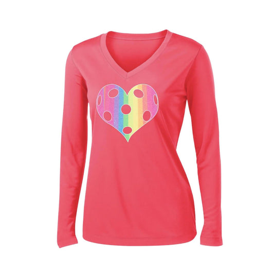 Rainbow Pickleball Heart | Women’s Long Sleeve V-Neck Pickleball Performance T-Shirt | 100% Polyester