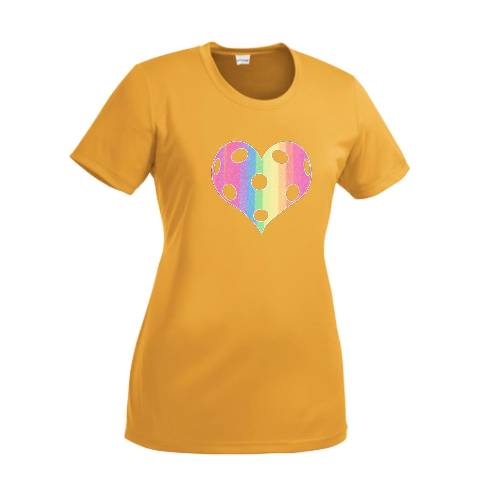 Rainbow Pickleball Heart | Women’s Short Sleeve Crewneck Pickleball T-Shirts | 100% Polyester