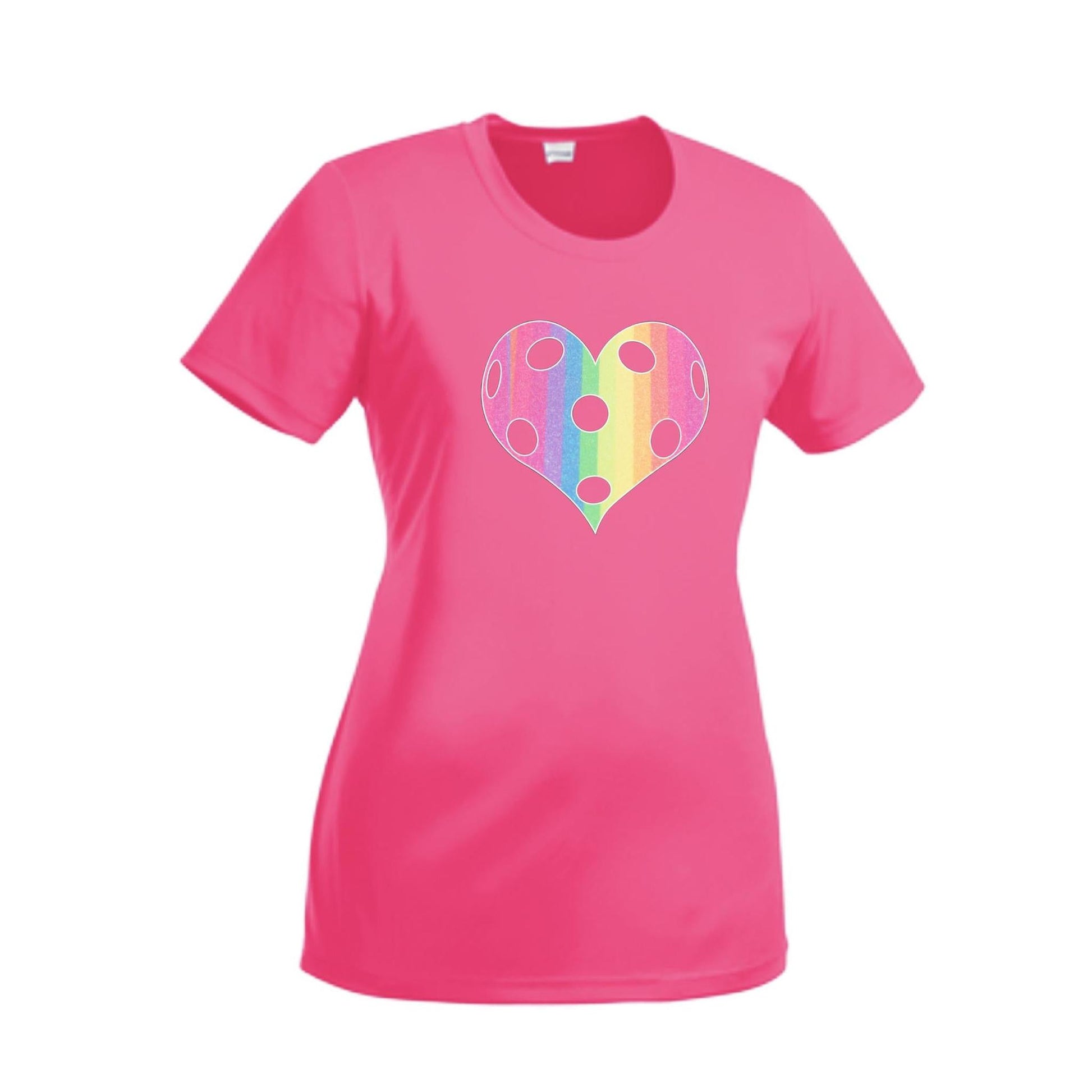 Rainbow Pickleball Heart | Women’s Short Sleeve Crewneck Pickleball T-Shirts | 100% Polyester