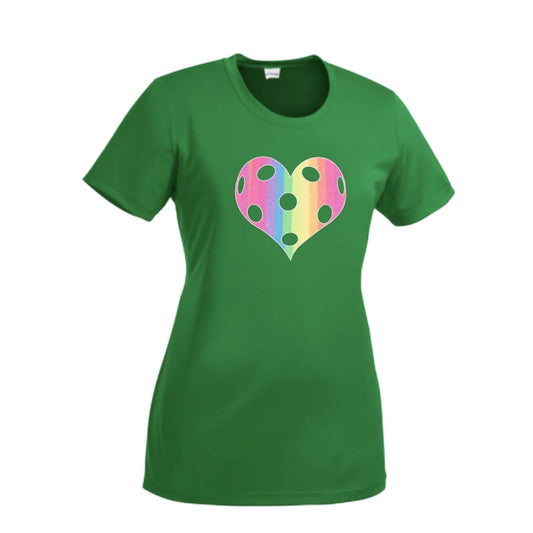 Rainbow Pickleball Heart | Women’s Short Sleeve Crewneck Pickleball T-Shirts | 100% Polyester