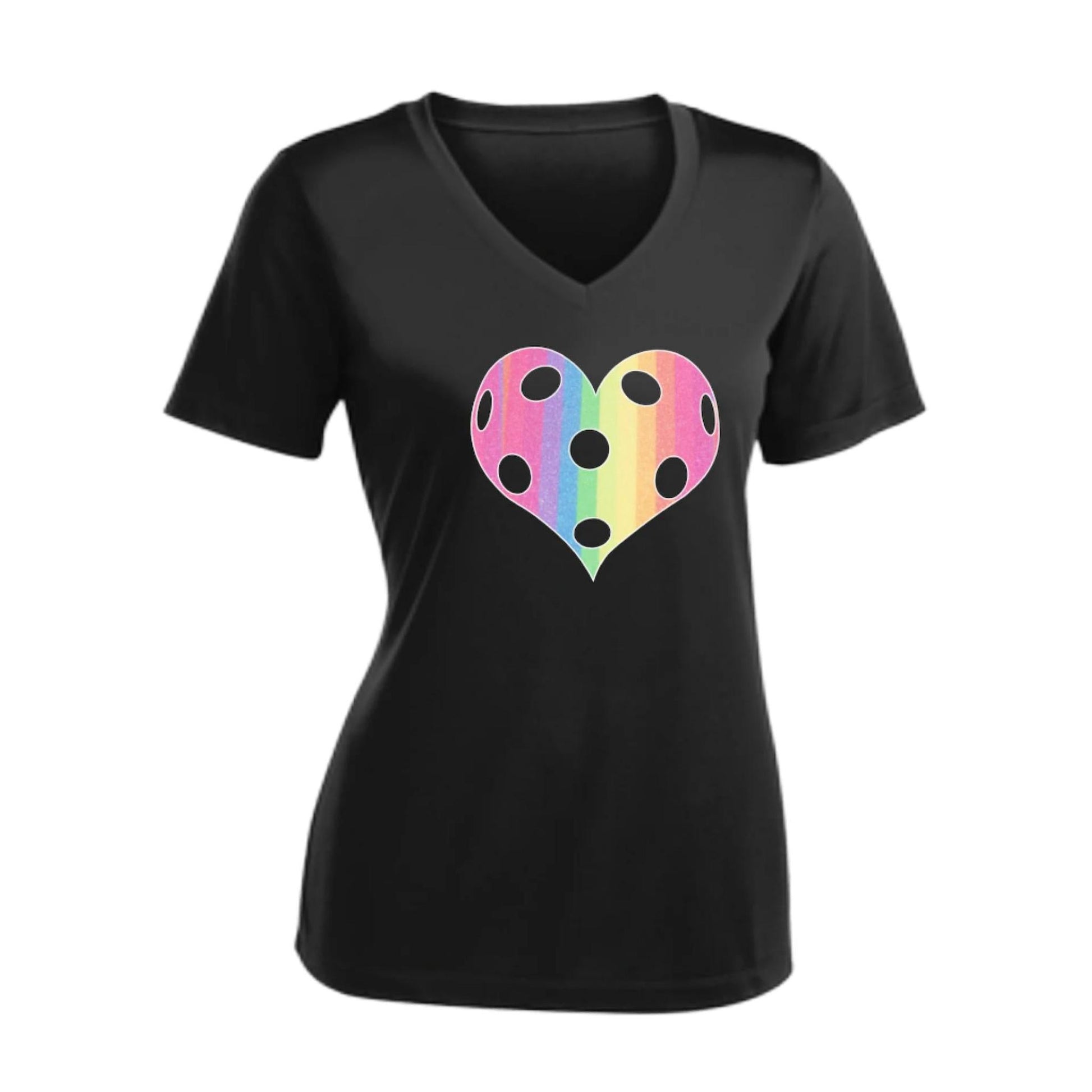 Rainbow Pickleball Heart | Women's Short Sleeve V-Neck Pickleball T-Shirts | 100% Polyester