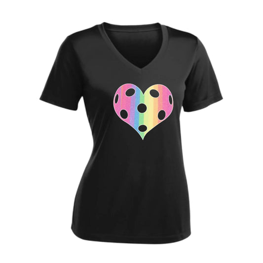 Rainbow Pickleball Heart | Women's Short Sleeve V-Neck Pickleball T-Shirts | 100% Polyester