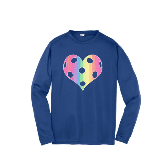 Rainbow Pickleball Heart | Youth Long Sleeve Pickleball T-Shirts | 100% Polyester