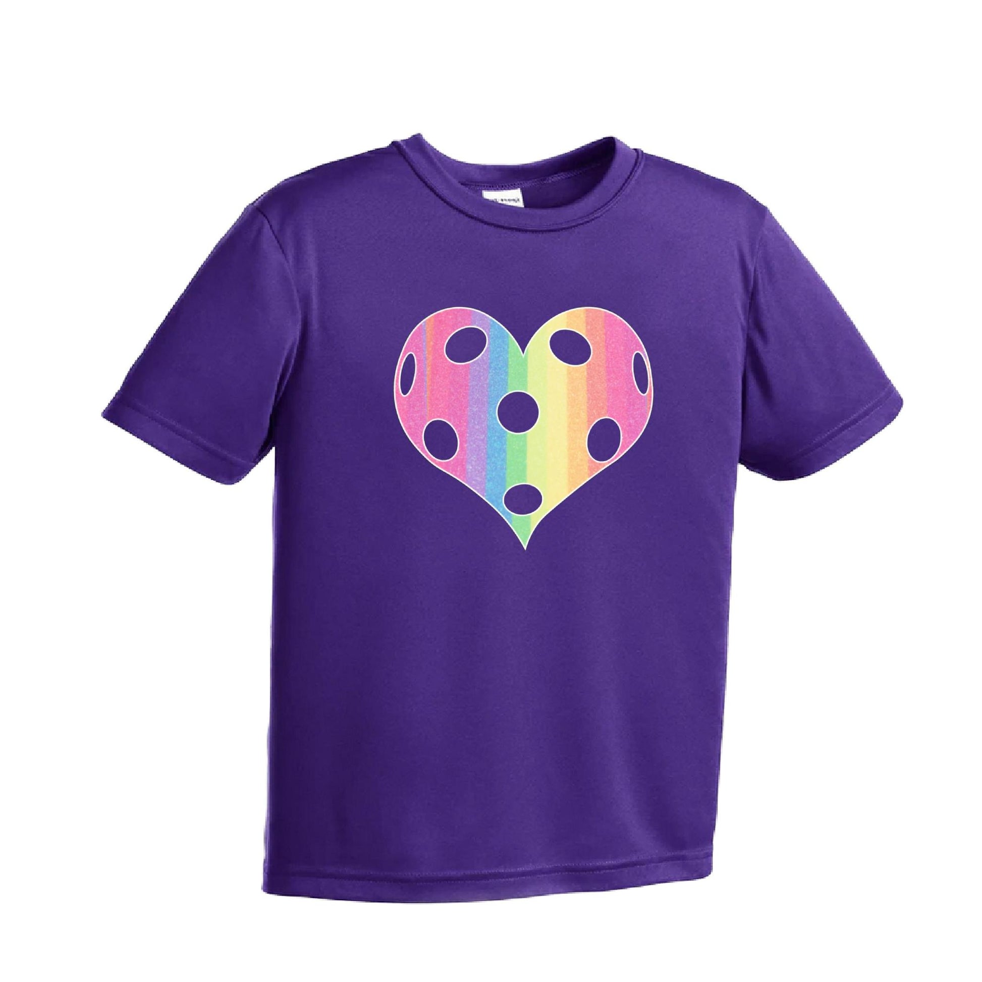 Rainbow Pickleball Heart | Youth Short Sleeve Pickleball Performance T-Shirts | 100% Polyester