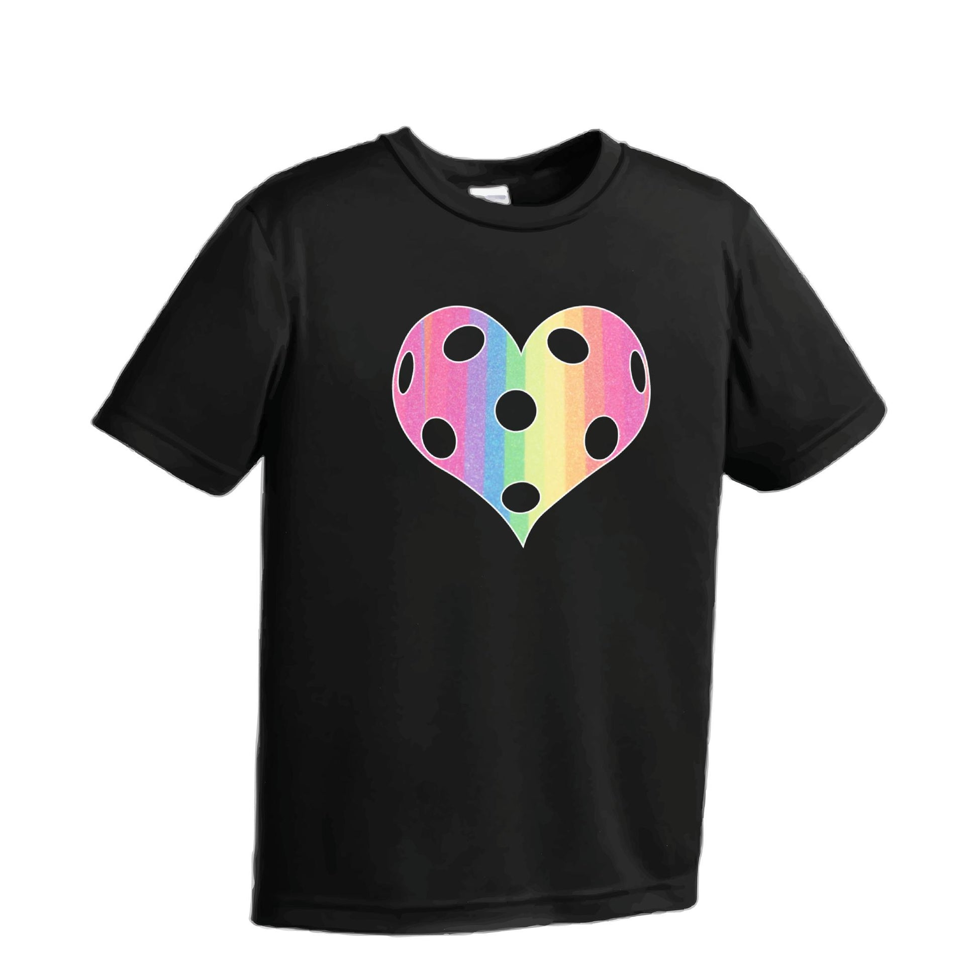 Rainbow Pickleball Heart | Youth Short Sleeve Pickleball Performance T-Shirts | 100% Polyester