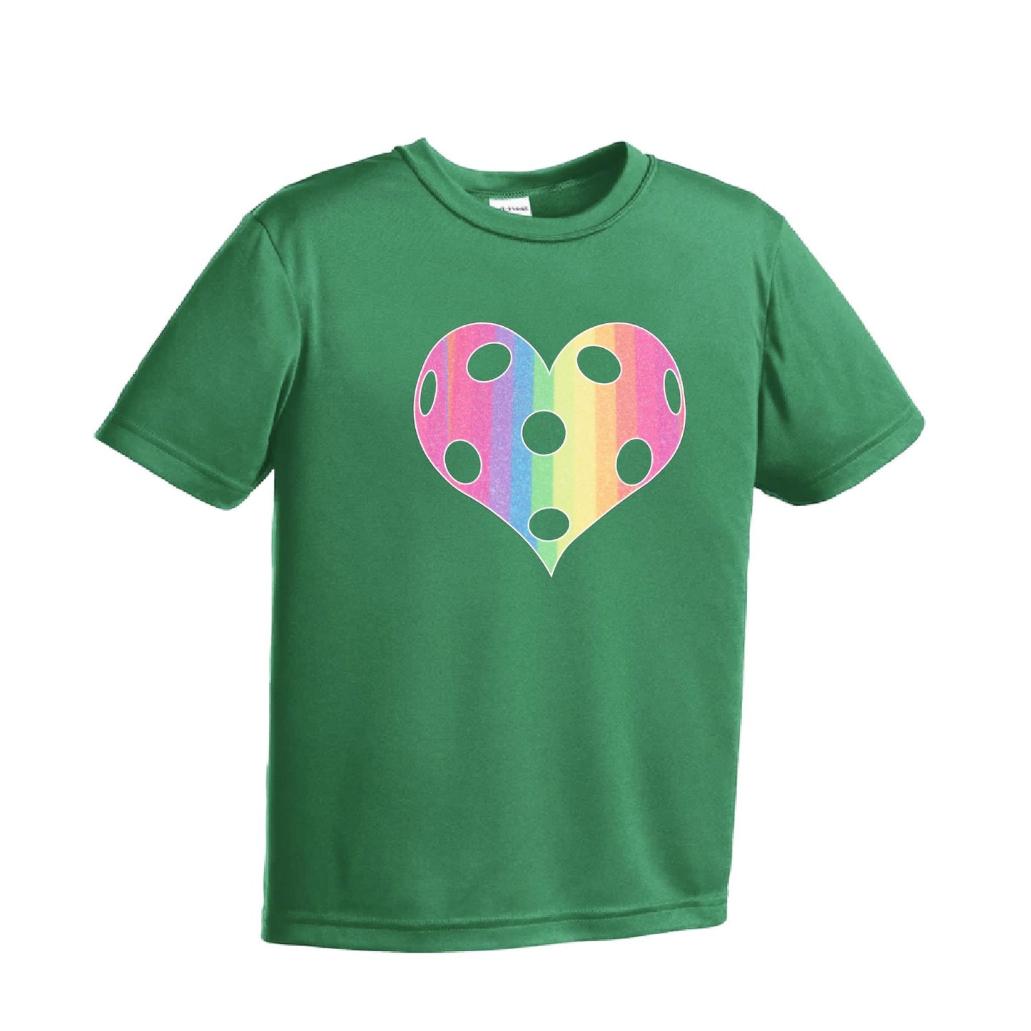 Rainbow Pickleball Heart | Youth Short Sleeve Pickleball Performance T-Shirts | 100% Polyester