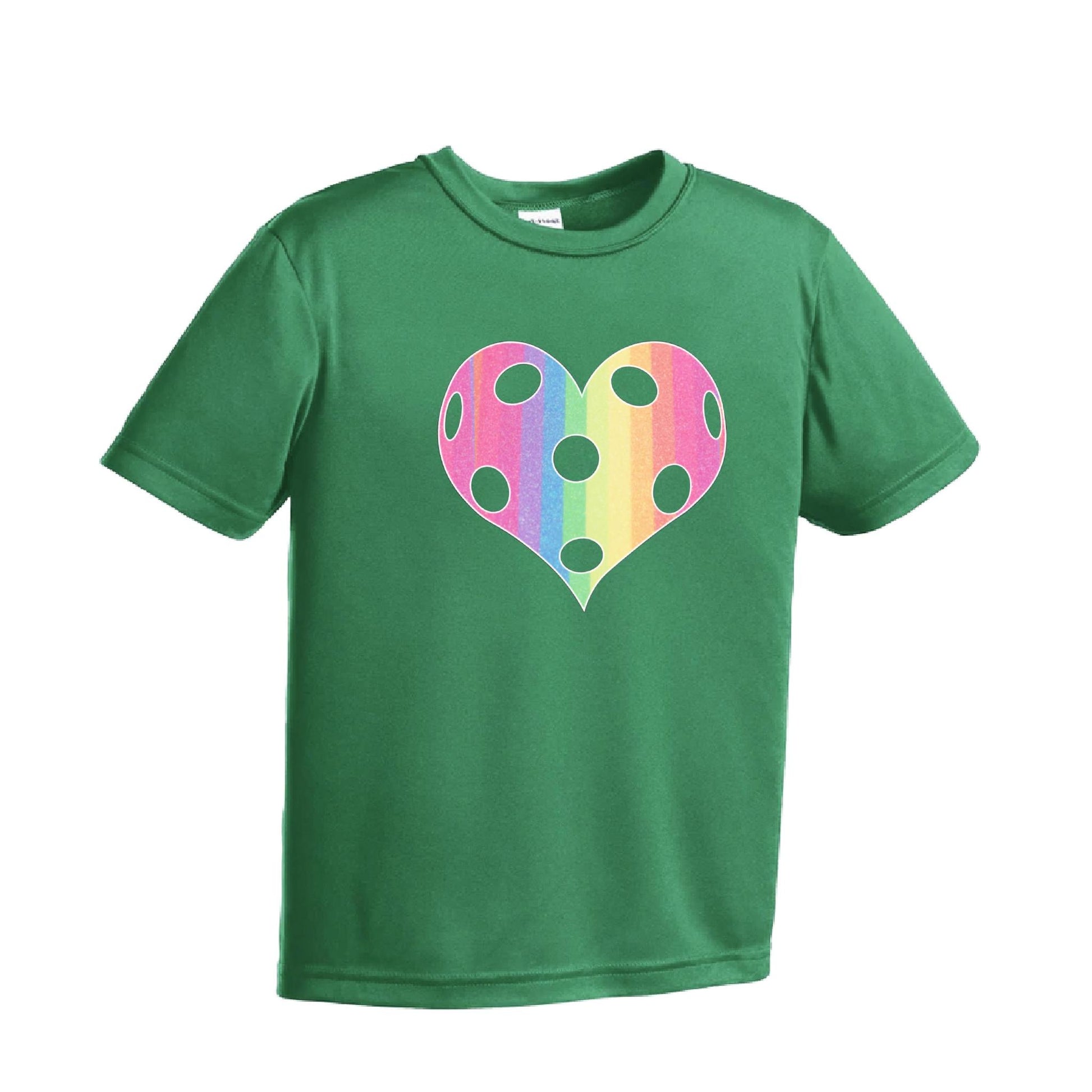 Rainbow Pickleball Heart | Youth Short Sleeve Pickleball Performance T-Shirts | 100% Polyester