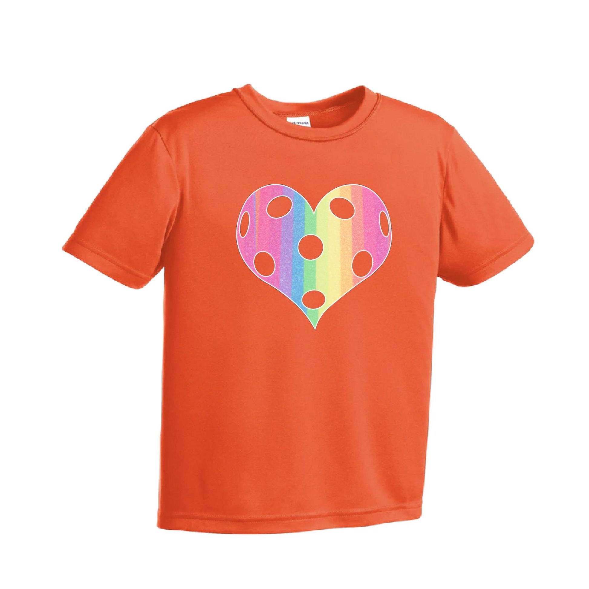 Rainbow Pickleball Heart | Youth Short Sleeve Pickleball Performance T-Shirts | 100% Polyester