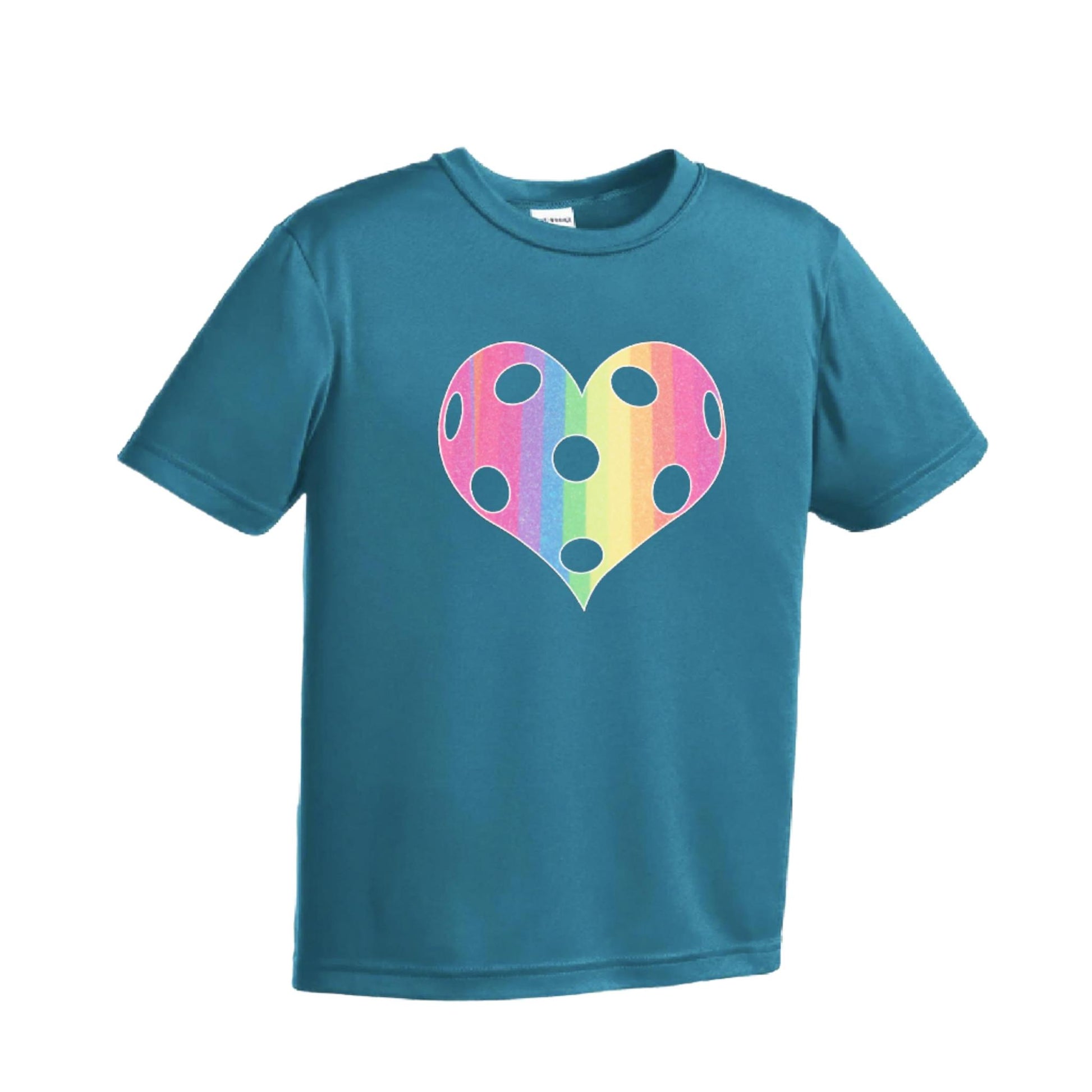Rainbow Pickleball Heart | Youth Short Sleeve Pickleball Performance T-Shirts | 100% Polyester