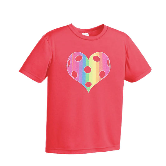 Rainbow Pickleball Heart | Youth Short Sleeve Pickleball Performance T-Shirts | 100% Polyester