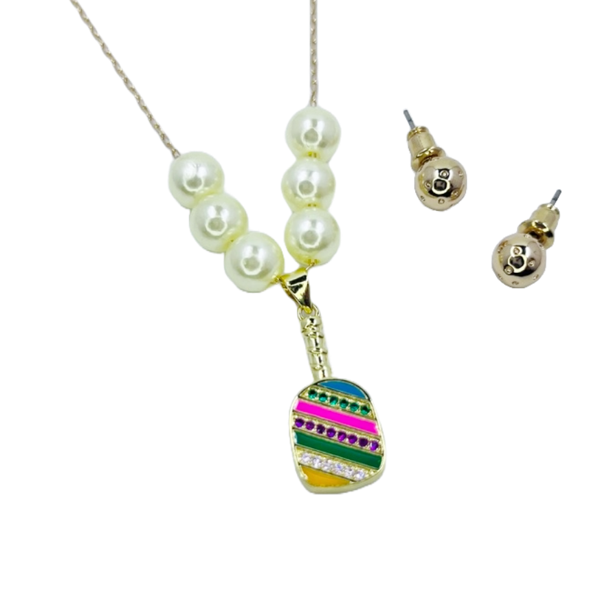 Cubic Zirconia Pickleball Paddle Necklace And Earrings | Pickleball Jewelry | Fun Pickleball Gifts