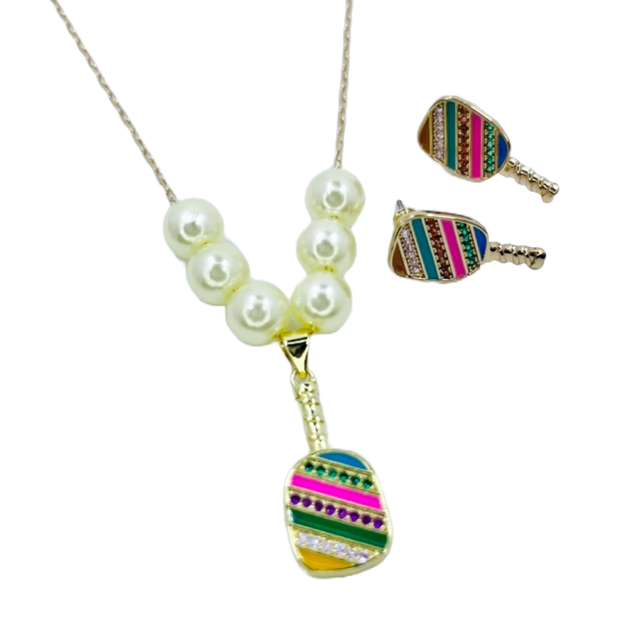 Cubic Zirconia Pickleball Paddle Necklace And Earrings | Pickleball Jewelry | Fun Pickleball Gifts