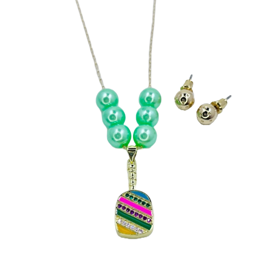 Cubic Zirconia Pickleball Paddle Necklace And Earrings | Pickleball Jewelry | Fun Pickleball Gifts