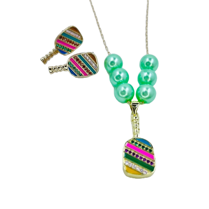 Cubic Zirconia Pickleball Paddle Necklace And Earrings | Pickleball Jewelry | Fun Pickleball Gifts