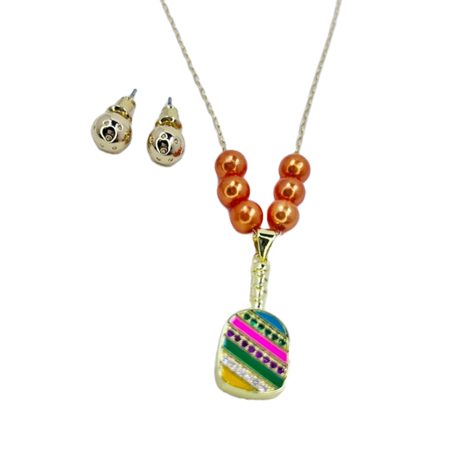 Cubic Zirconia Pickleball Paddle Necklace And Earrings | Pickleball Jewelry | Fun Pickleball Gifts