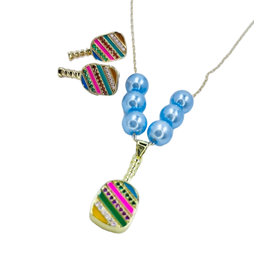 Cubic Zirconia Pickleball Paddle Necklace And Earrings | Pickleball Jewelry | Fun Pickleball Gifts