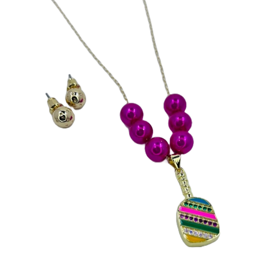 Cubic Zirconia Pickleball Paddle Necklace And Earrings | Pickleball Jewelry | Fun Pickleball Gifts