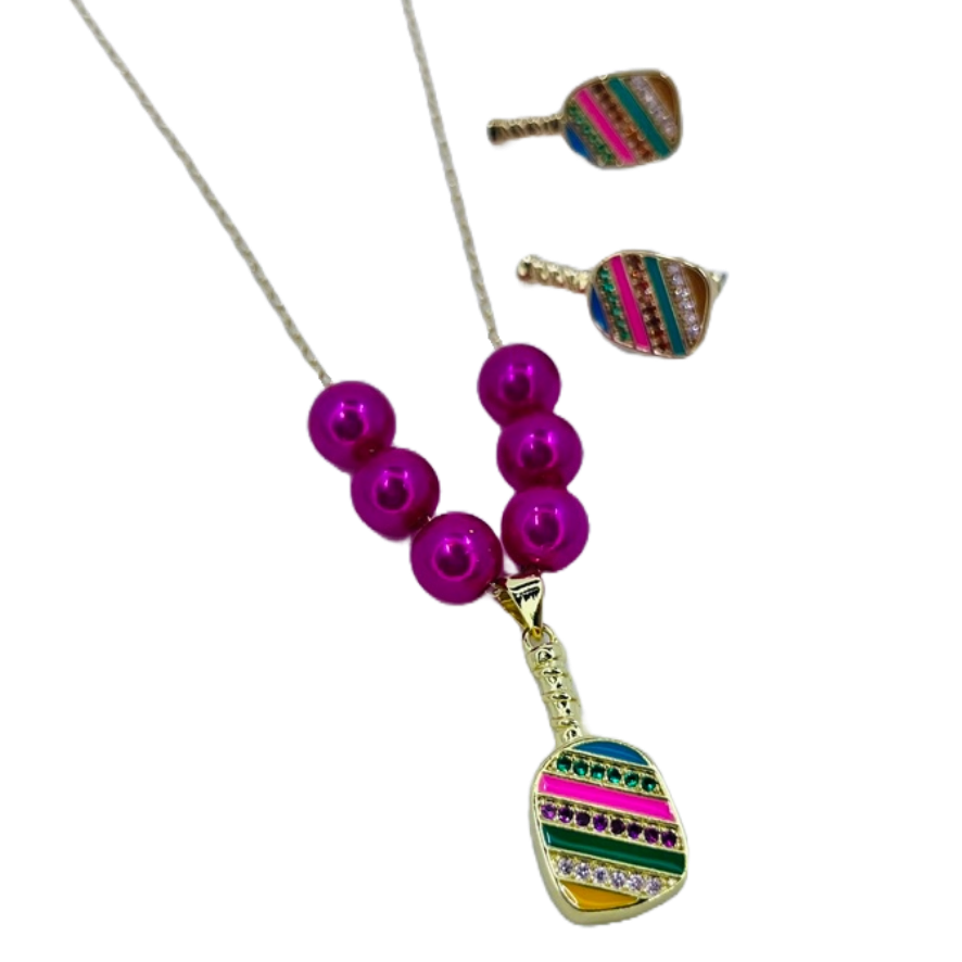 Cubic Zirconia Pickleball Paddle Necklace And Earrings | Pickleball Jewelry | Fun Pickleball Gifts