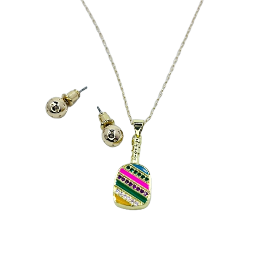 Cubic Zirconia Pickleball Paddle Necklace And Earrings | Pickleball Jewelry | Fun Pickleball Gifts