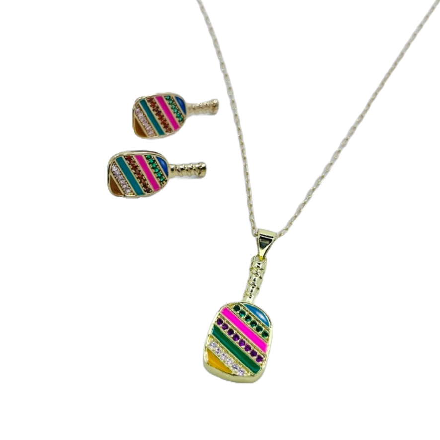 Cubic Zirconia Pickleball Paddle Necklace And Earrings | Pickleball Jewelry | Fun Pickleball Gifts