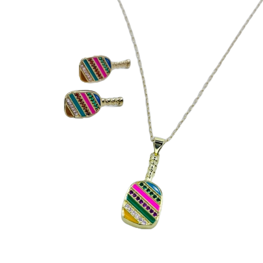 Cubic Zirconia Pickleball Paddle Necklace And Earrings | Pickleball Jewelry | Fun Pickleball Gifts