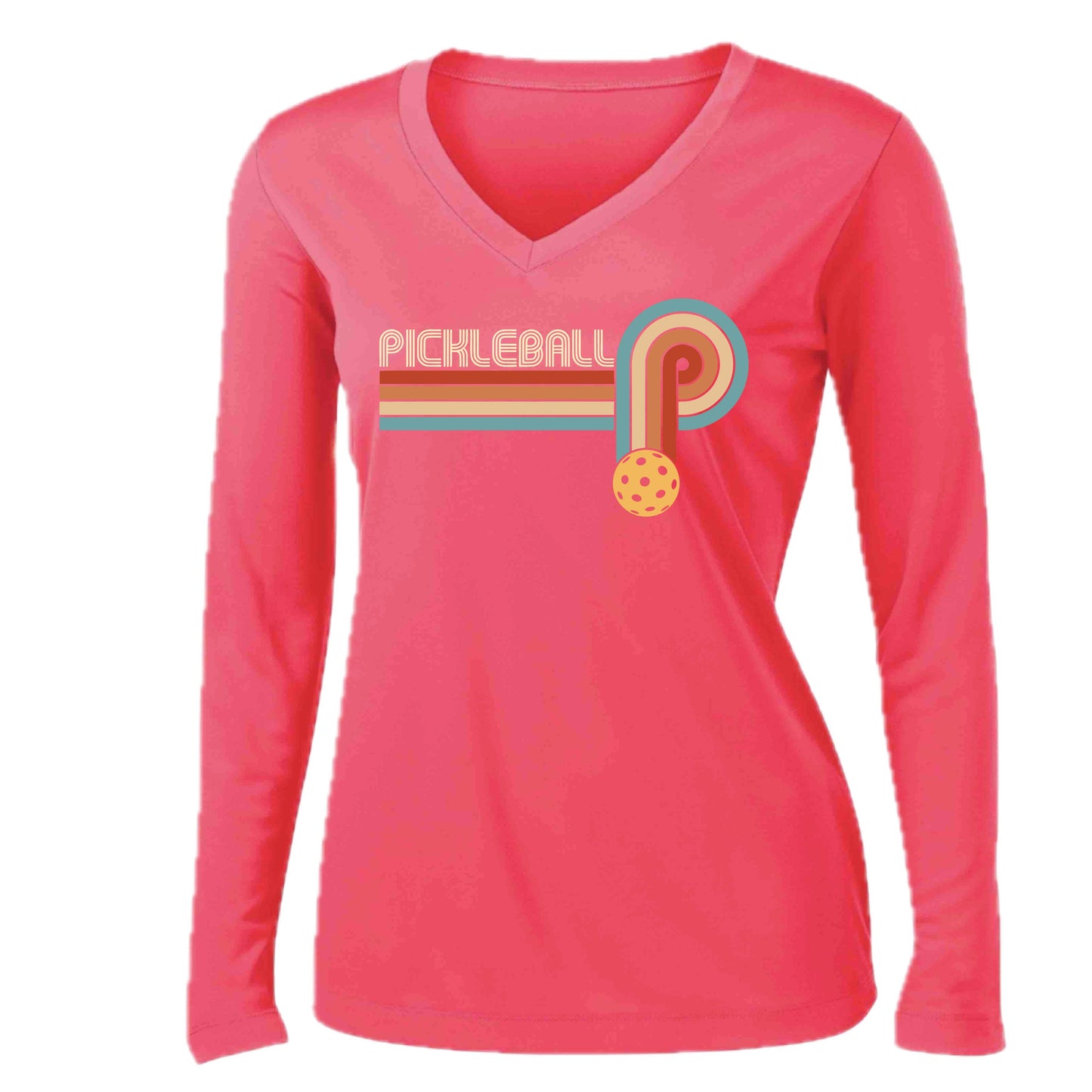 Retro Pickleball | Women’s Long Sleeve V-Neck Performance T-Shirt | 100% Polyester