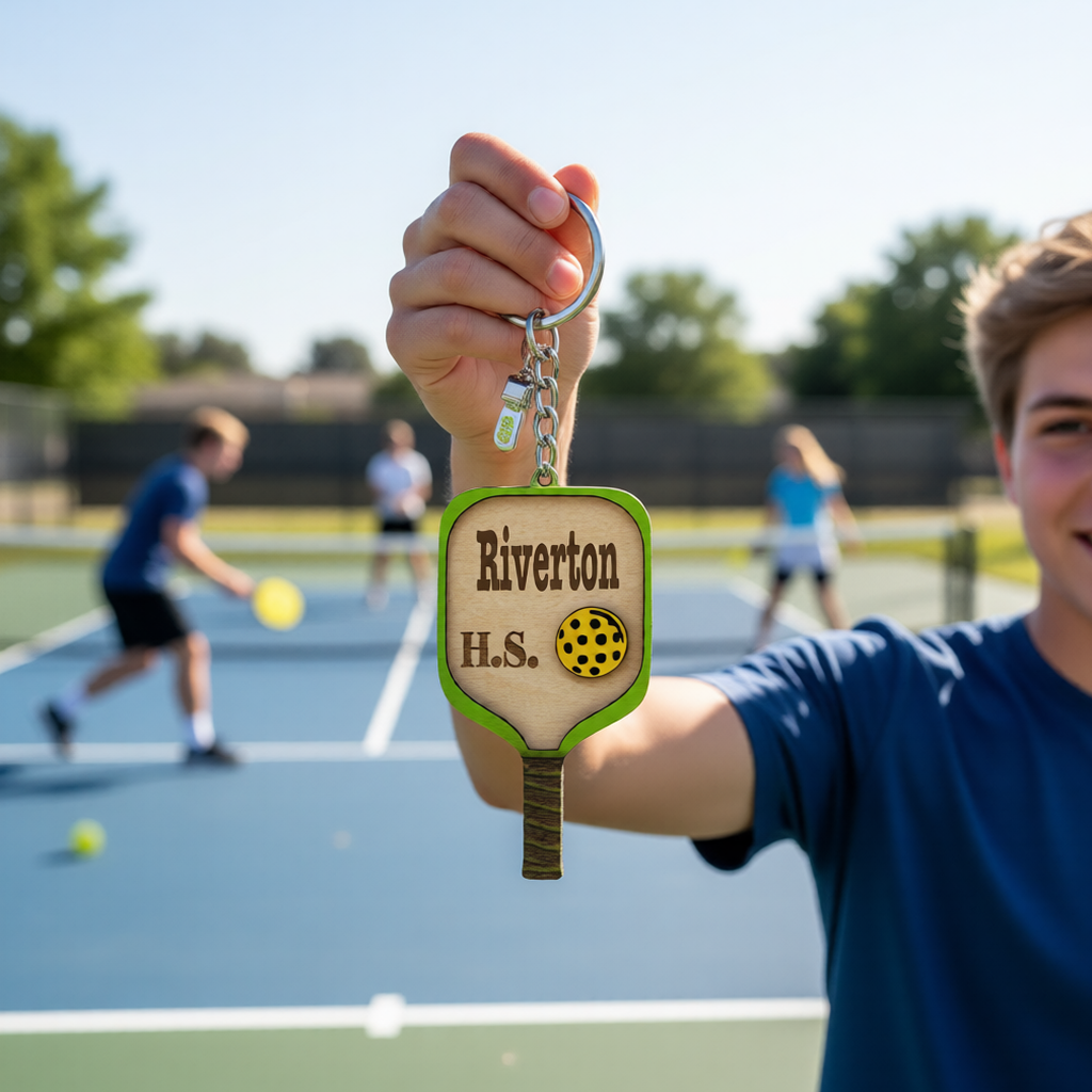 Set of 10 Riverton Custom Pickleball Paddle Keychain, Personalized Balsa Wood Keychain, Pickleball Player Gift